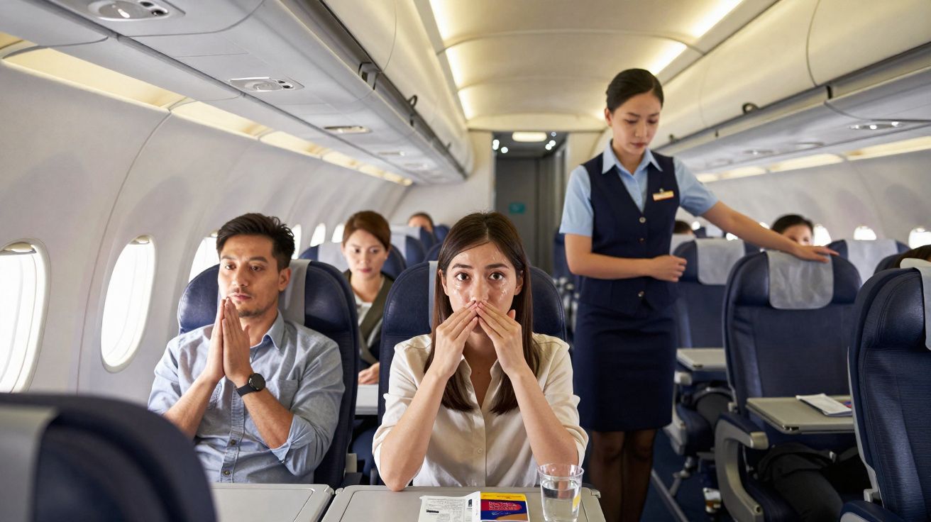 Mulher de máscara a tapar a boca, homem ao lado preocupado e comissária a servir na cabine do avião.