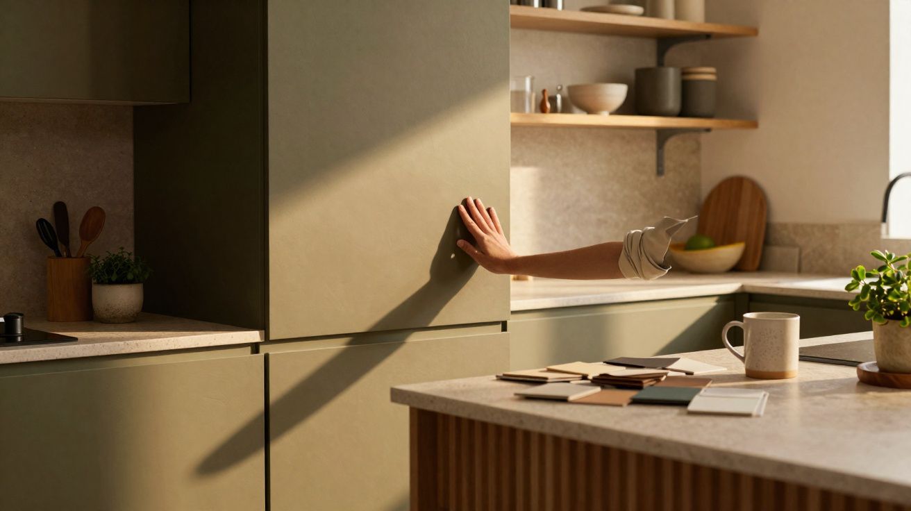 Braço estendido a tocar numa parede verde numa cozinha moderna com luz natural e decoração minimalista.