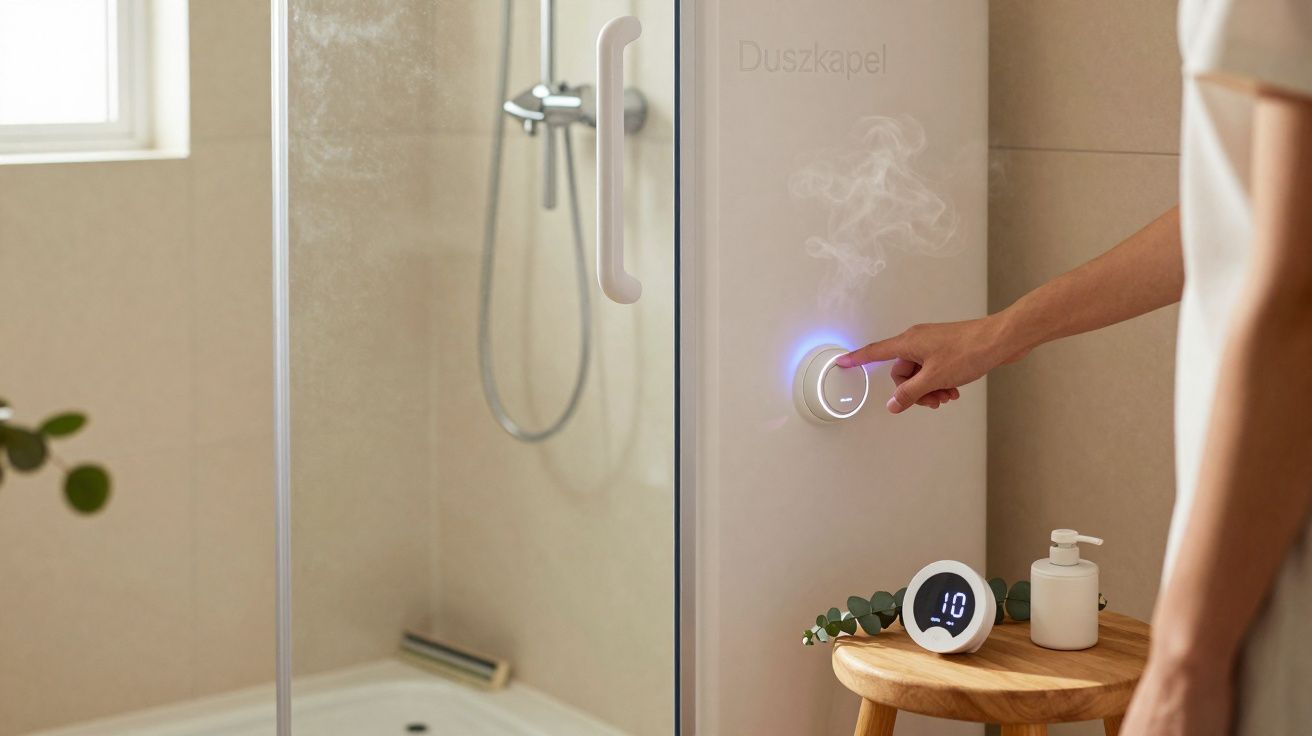Pessoa ativa um botão de controlo digital junto a cabine de duche moderna e relógio digital numa mesa de madeira.