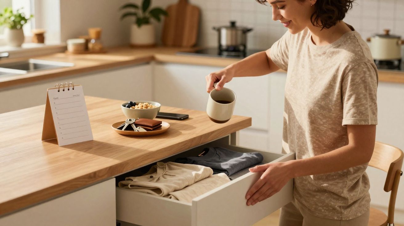 Mulher sorri sentada na cozinha a guardar uma caneca numa gaveta com roupas organizadas.