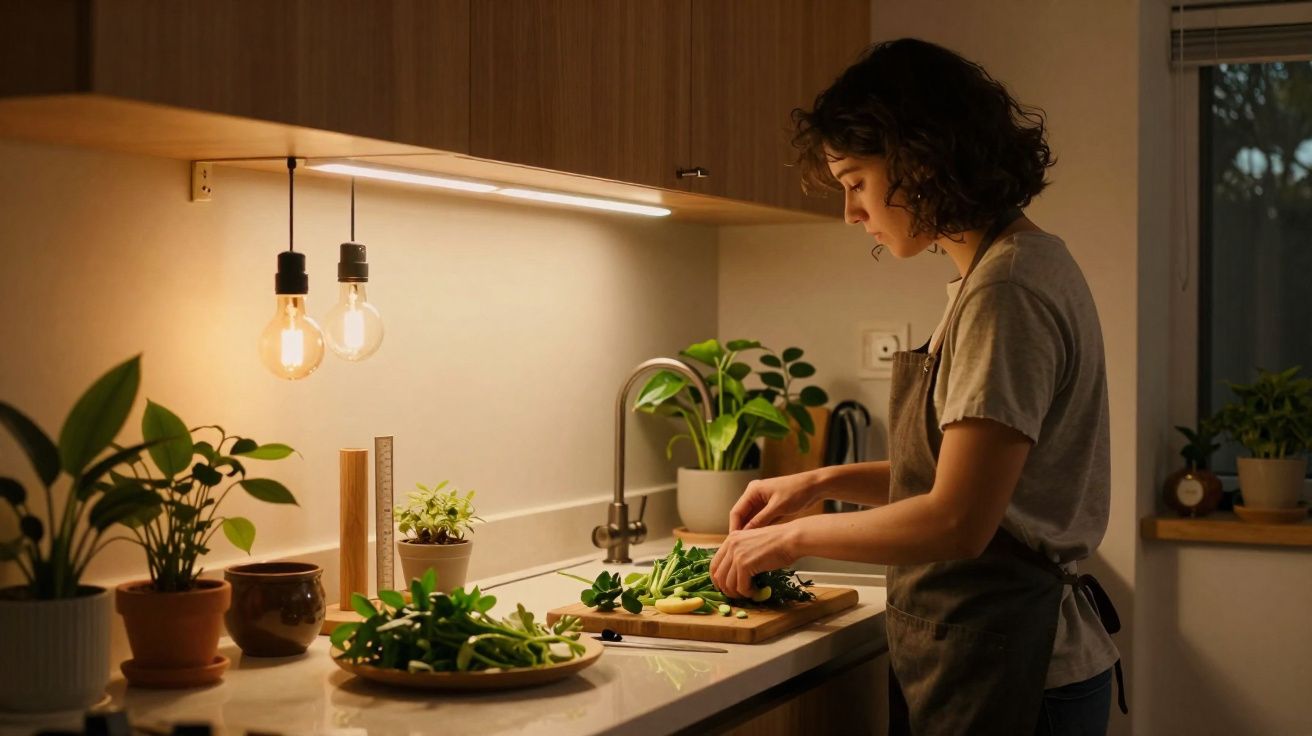 Mulher a preparar legumes numa cozinha moderna e acolhedora com iluminação suave e plantas.