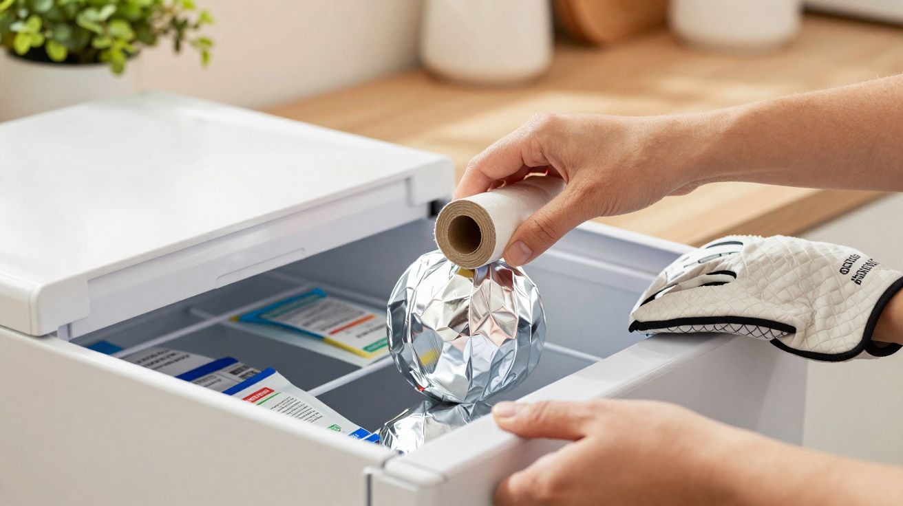 Pessoa a colocar esfera de alumínio na gaveta do congelador, usando luva de forno branca.