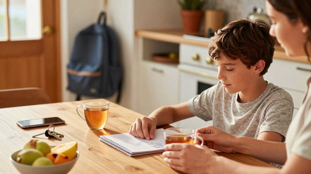 Criança e adulto sentados à mesa com chá, a fazer atividade num caderno, numa cozinha acolhedora.