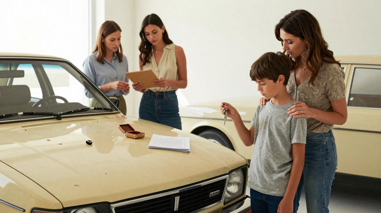 Mulher e menino com chave de carro antigo, enquanto duas mulheres analisam documentos numa garagem.