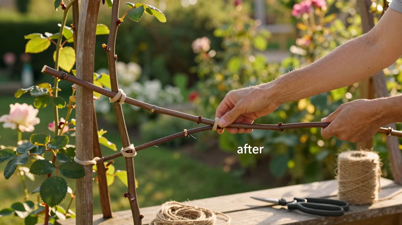 Mãos a guiar ramos numa estrutura de suporte num jardim com flores e ferramentas numa mesa de madeira.