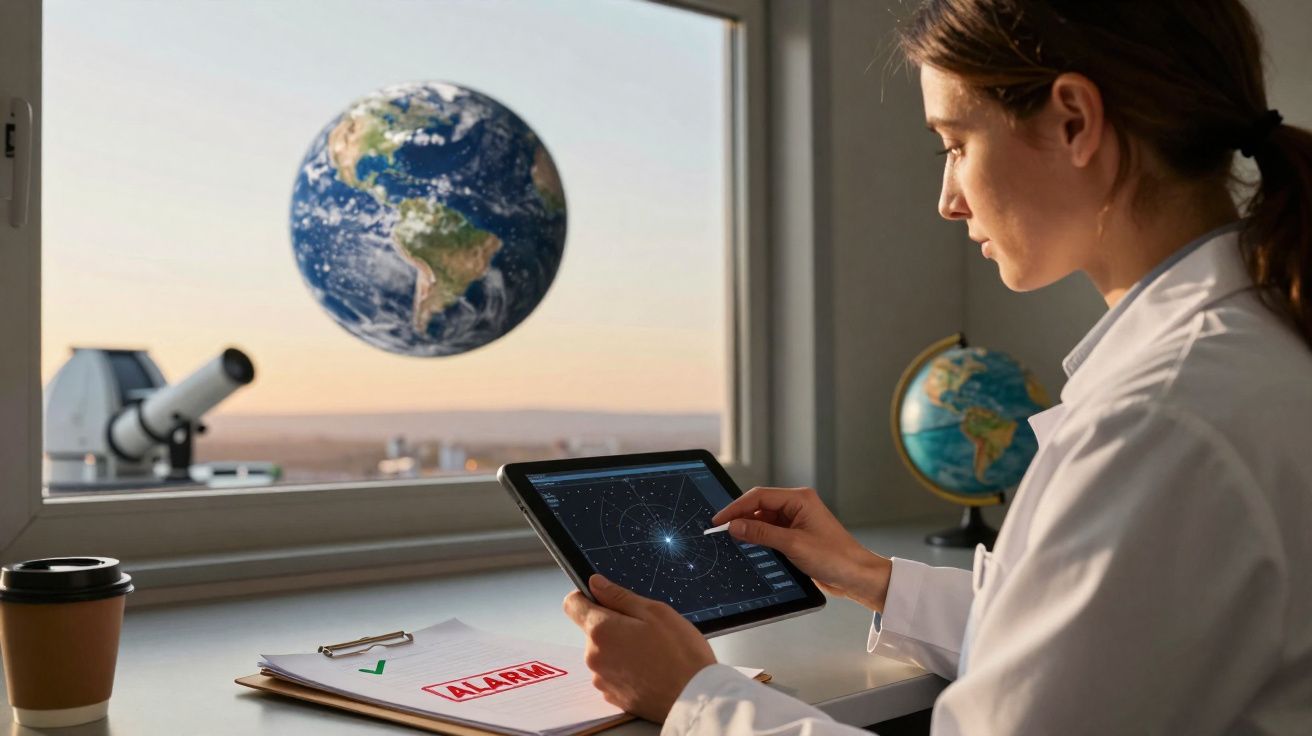 Mulher cientista com tablet a analisar estrelas, com globo terrestre e papéis com alerta na mesa.