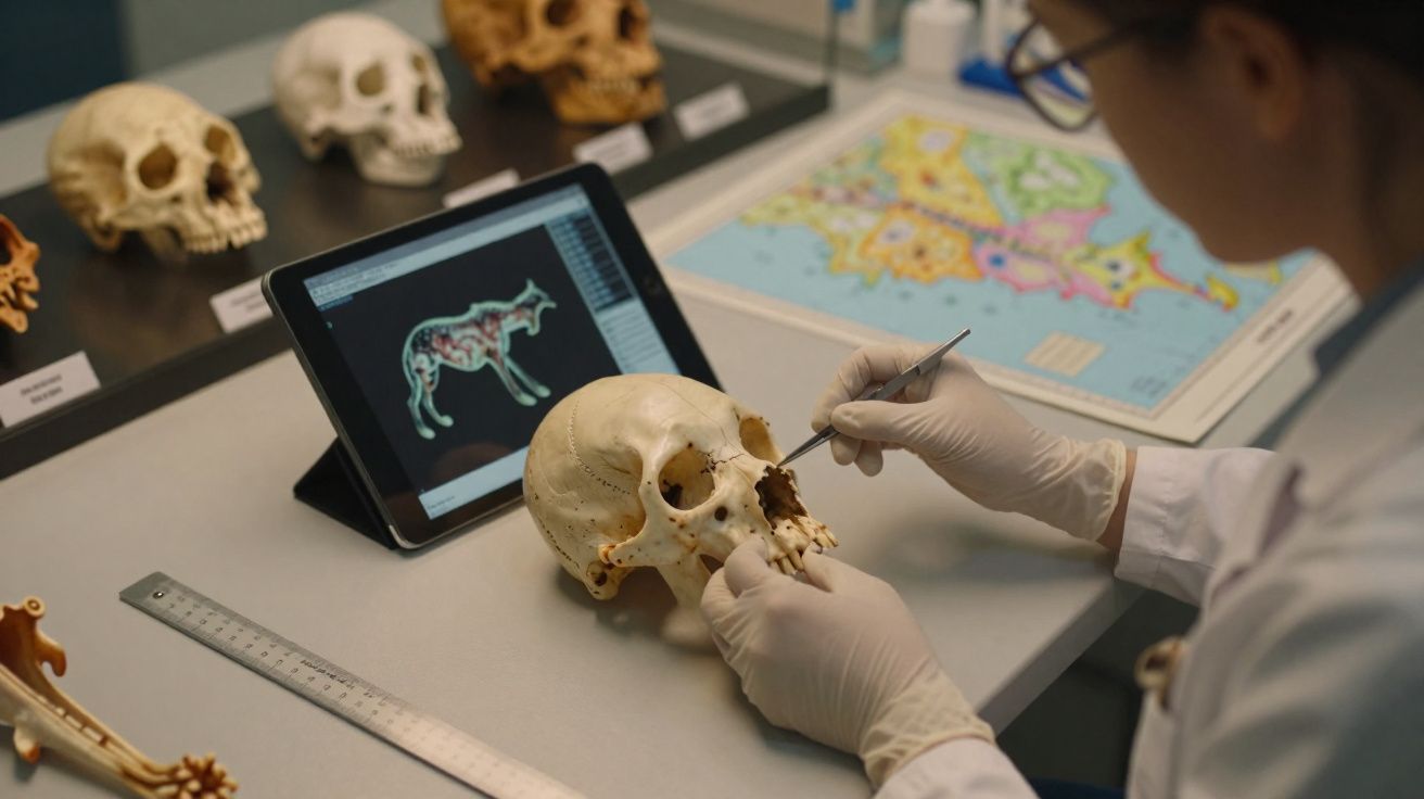 Pessoa com luvas a analisar crânio humano num laboratório com modelos e ecrã digital ao fundo.