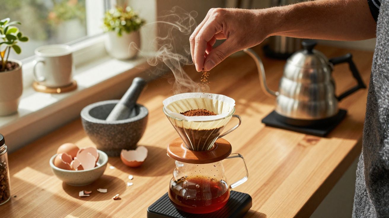 Mão a adicionar café moído num filtro de café por gotejamento numa cozinha iluminada pelo sol.