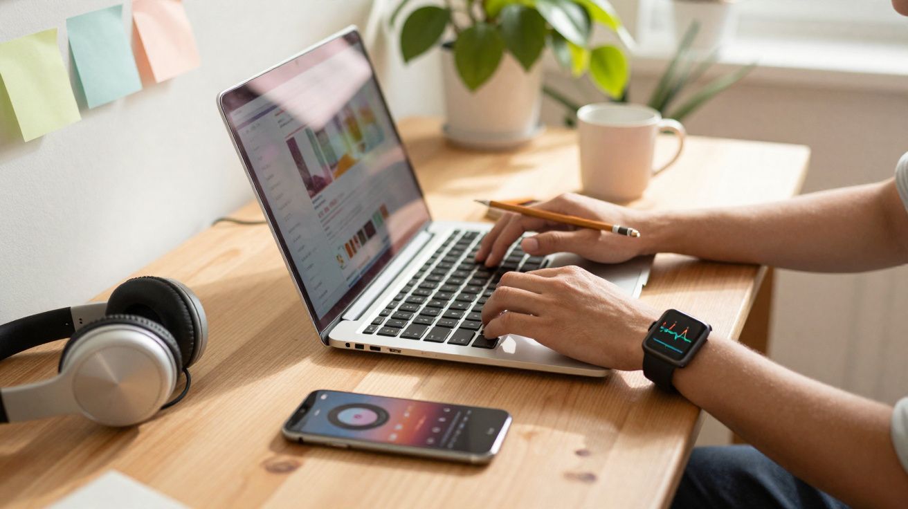 Pessoa a trabalhar num computador portátil numa secretária com auscultadores, smartphone e caneca.