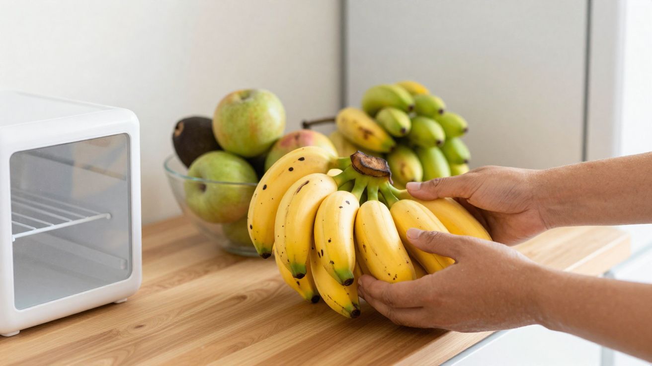 Mãos seguram cachos de bananas maduras sobre bancada de madeira com frutos diversos ao fundo.