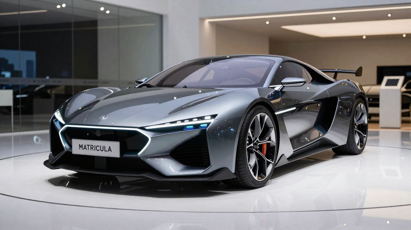 Carro desportivo cinzento metálico numa exposição interior com design aerodinâmico e faróis LED modernos.