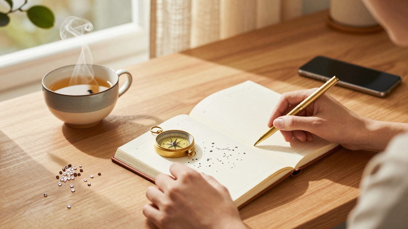 Pessoa a desenhar constelações num caderno aberto numa mesa com bússola, chá quente e telemóvel preto.