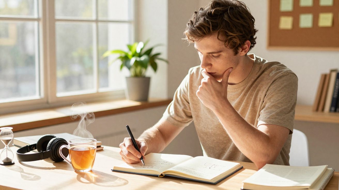 Jovem a estudar e escrever num caderno, sentado à mesa com chá quente e auscultadores perto da janela.