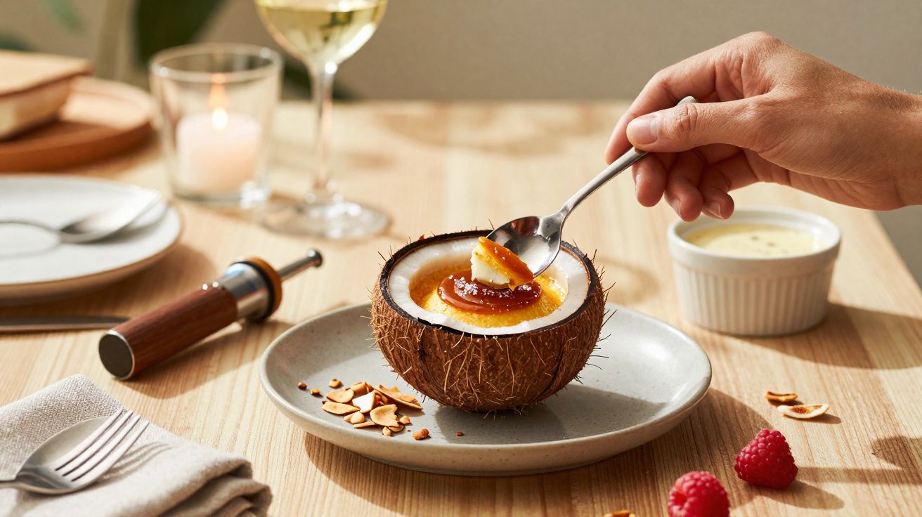 Mão tirando sobremesa cremosa com caramelo de coco partido ao meio num prato cinzento numa mesa de madeira.