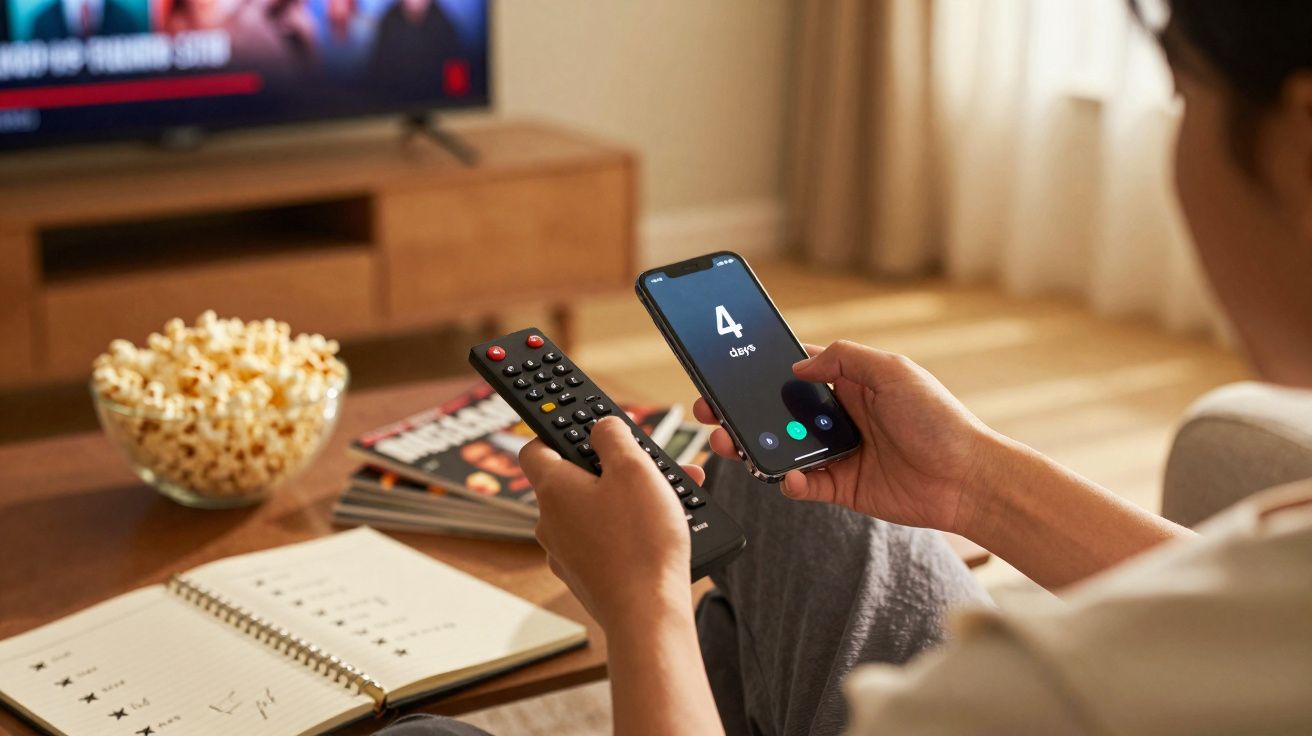 Pessoa sentada a segurar comando e telemóvel com contagem de dias, com pipocas, caderno e televisão ao fundo.