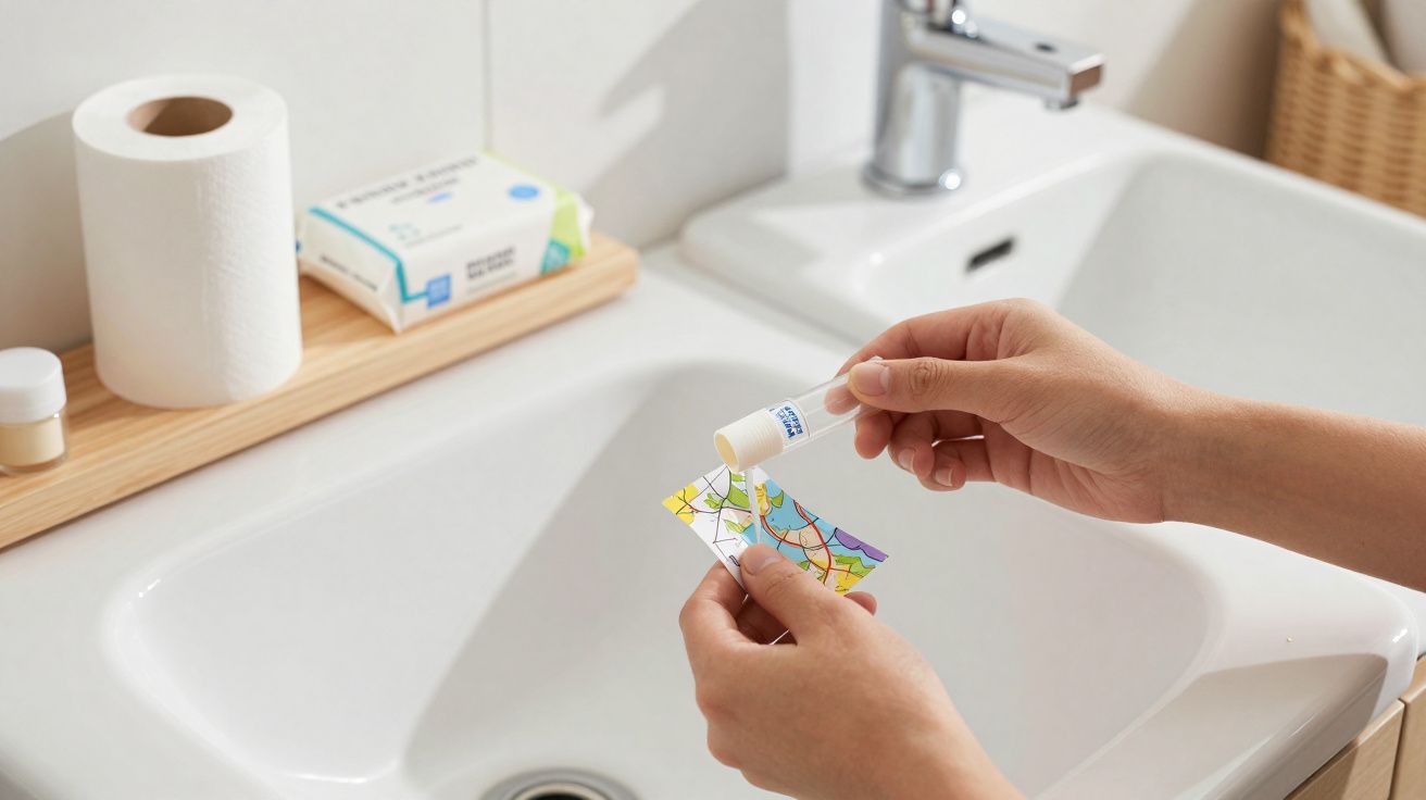 Pessoas a aplicar medicamento líquido num patch colorido junto a uma pia branca de casa de banho.