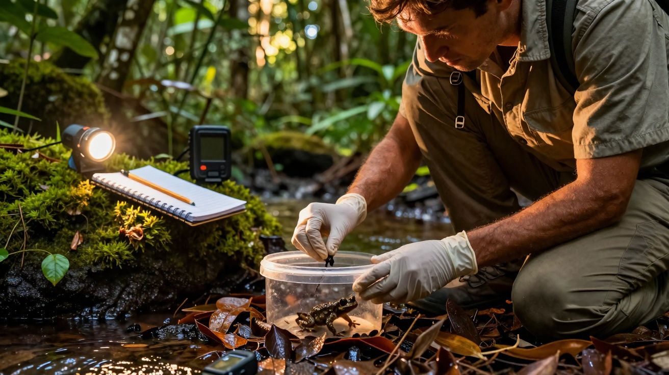 Homem com luvas estuda caranguejo numa floresta húmida, com bloco de notas, luz e equipamentos próximos.