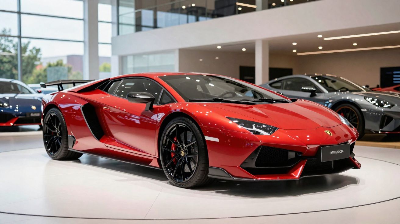 Carro desportivo vermelho com rodas pretas exposto num salão moderno com outros carros ao fundo.