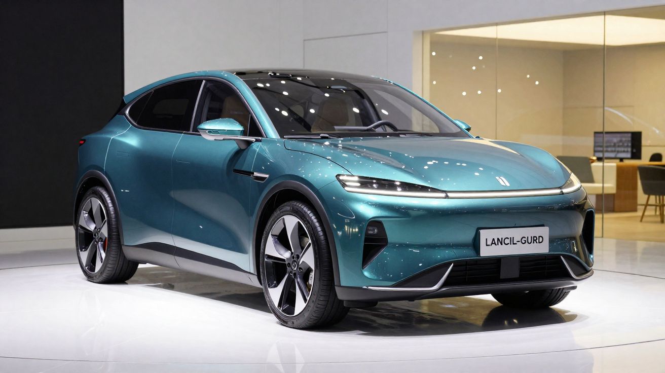 Carro elétrico azul metálico LANCIL-GURD exposto em ambiente moderno e iluminado.