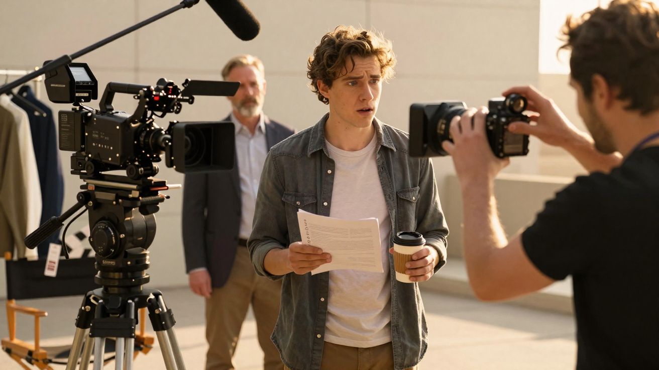 Jovem a ler texto e segurando café durante gravação com câmara e equipa técnica ao ar livre.