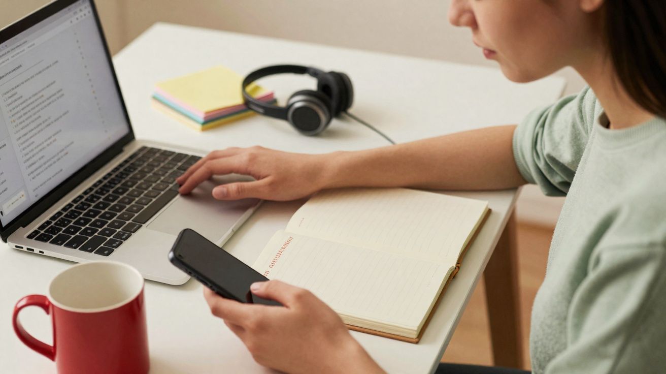Pessoa a trabalhar num computador portátil com telemóvel na mão e caderno aberto numa mesa com auscultadores e caneca vermelh