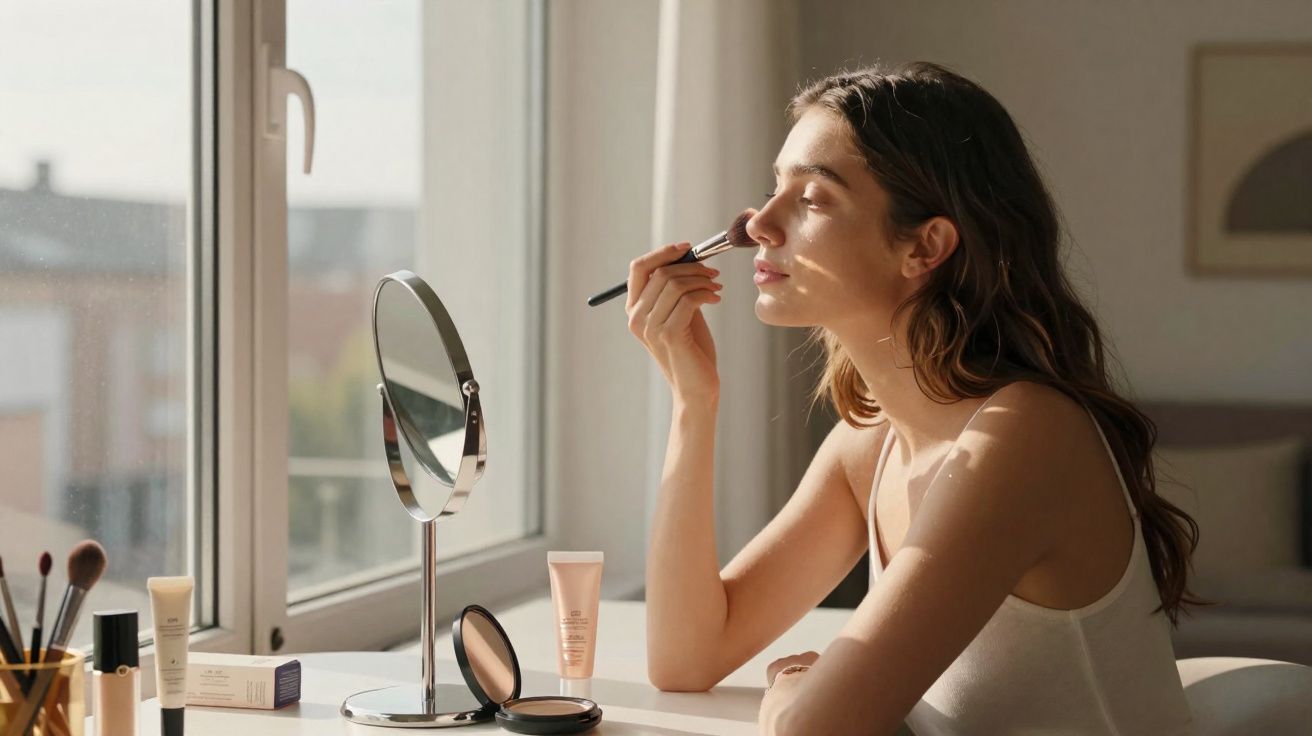 Mulher jovem aplica maquilhagem enquanto se olha no espelho em ambiente iluminado pela luz natural.