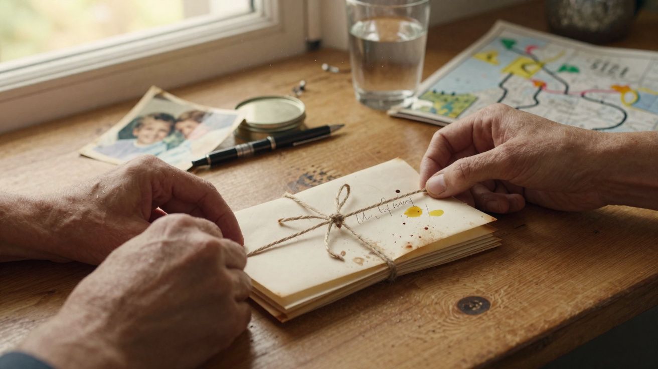 Mãos de homem a abrir cartas antigas amarradas com cordão numa mesa de madeira junto a fotografia e copo de água.