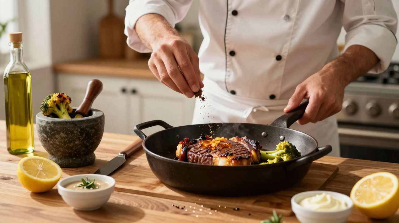 Chef tempera bife numa frigideira com legumes e ingredientes frescos numa bancada de cozinha.
