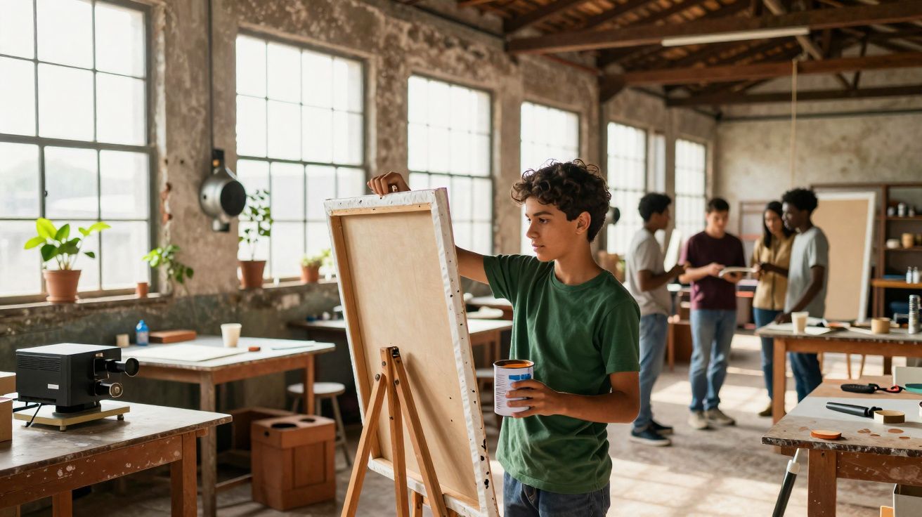 Jovem a pintar numa tela num estúdio artístico com outras pessoas a interagir ao fundo.