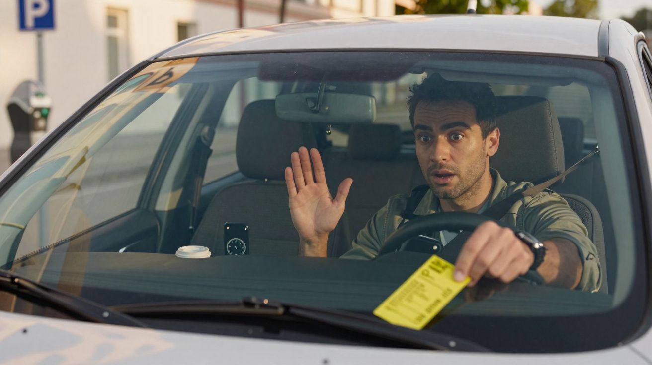 Homem dentro de carro a mostrar surpresa ao receber um papel amarelo, possivelmente uma multa, no para-brisas.
