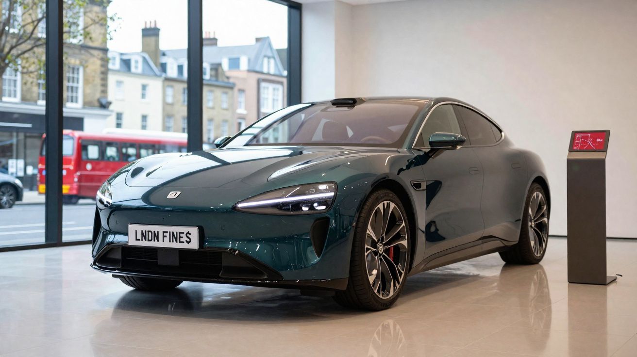 Carro elétrico azul escuro moderno em exposição numa sala com janelas amplas e vista para rua urbana.
