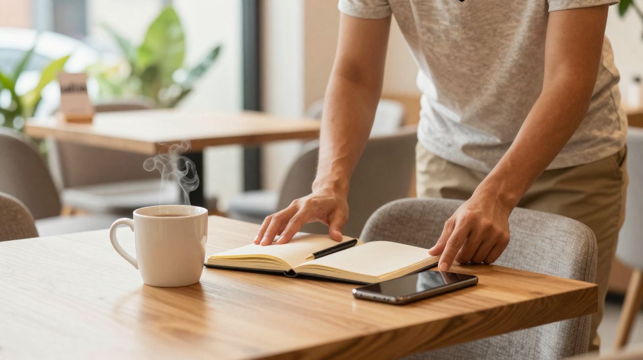 Pessoa de pé junto a uma mesa de madeira com livro aberto, caneta, smartphone e chá quente fumegante.