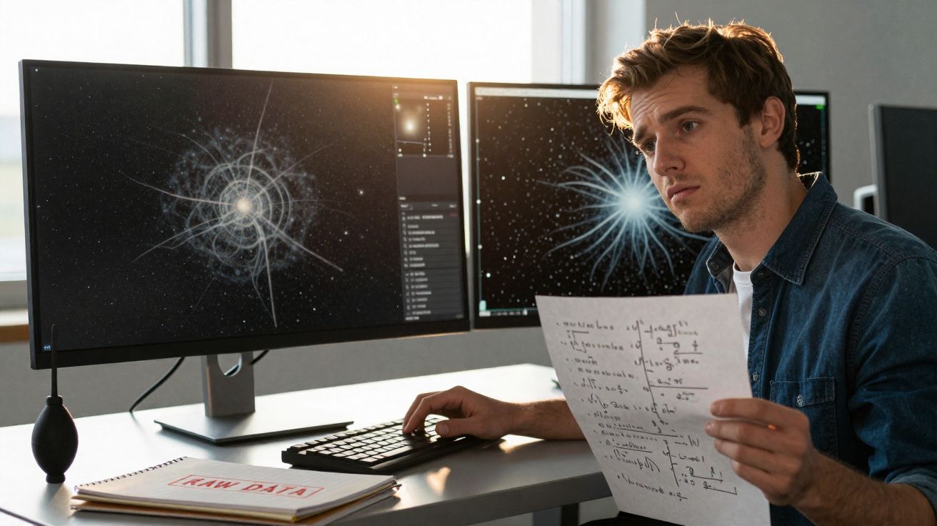 Homem a analisar gráficos astrofísicos em dois ecrãs enquanto segura folha com fórmulas matemáticas.