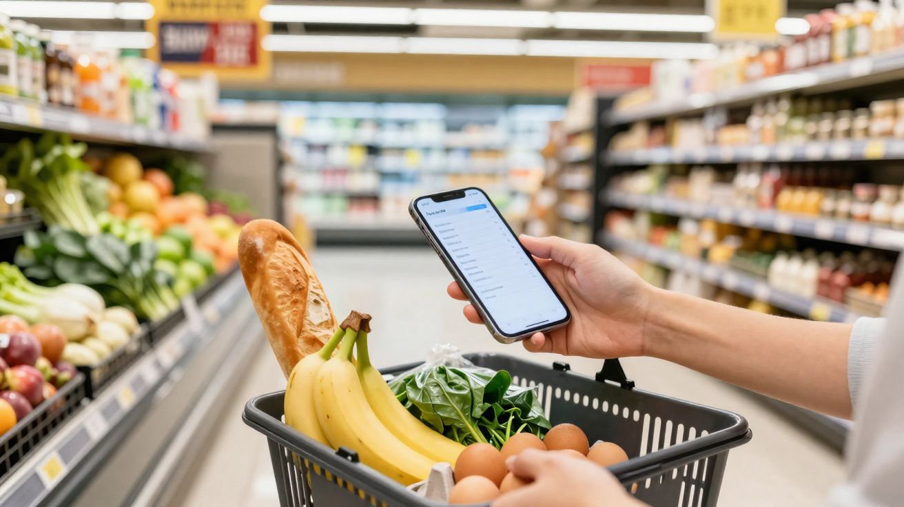 Pessoa a fazer compras no supermercado usando uma lista no telemóvel com cesta de frutas, ovos e pão.