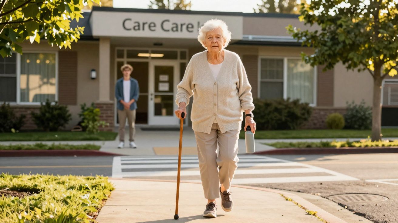 Idosa com bastão a caminhar em saída de centro de cuidados, jovem observa ao fundo.