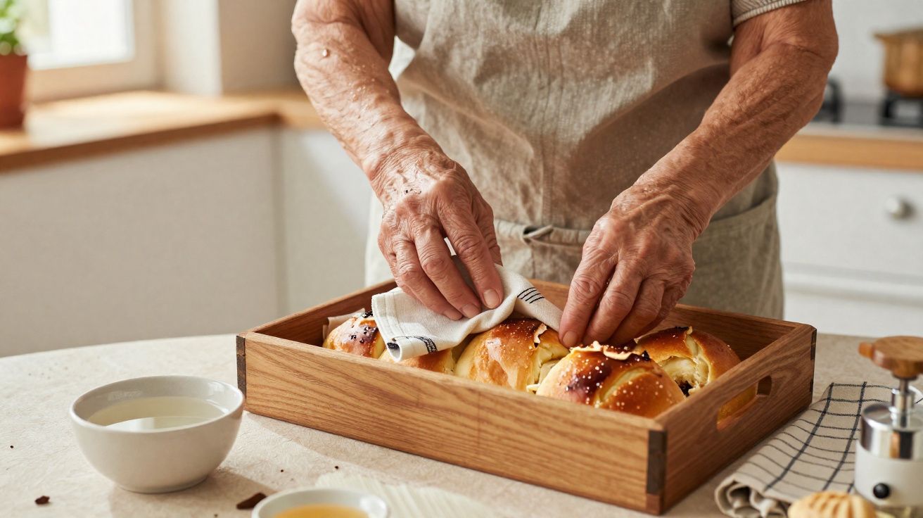 Mãos envelhecidas a cobrir pão doce numa bandeja de madeira, com chá e ambiente de cozinha ao fundo.