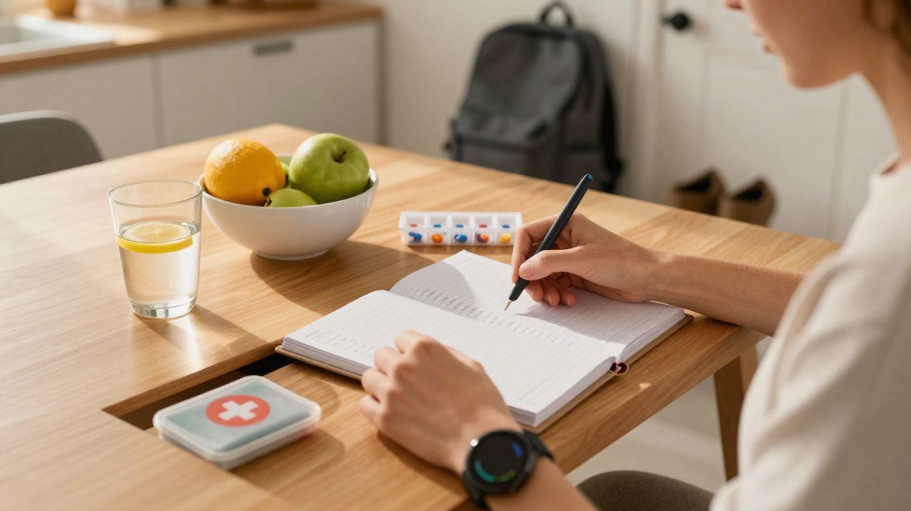 Pessoa a escrever num caderno numa mesa com fruteira, copo de água com limão, pastas de comprimidos e estojo de primeiros soc
