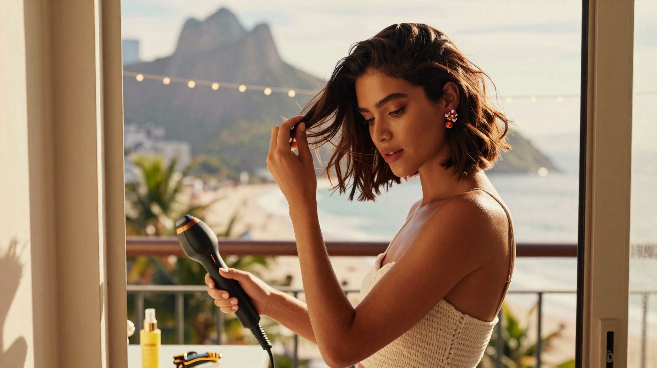 Mulher a secar o cabelo com secador numa varanda com vista para praia e montanha ao fundo.