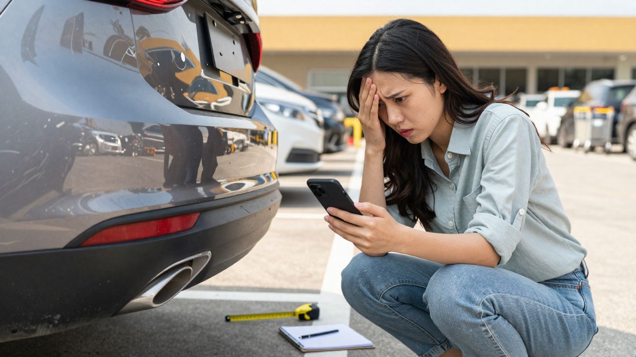 Mulher preocupada verifica danos na traseira do carro num parque de estacionamento com fita métrica e bloco de notas.