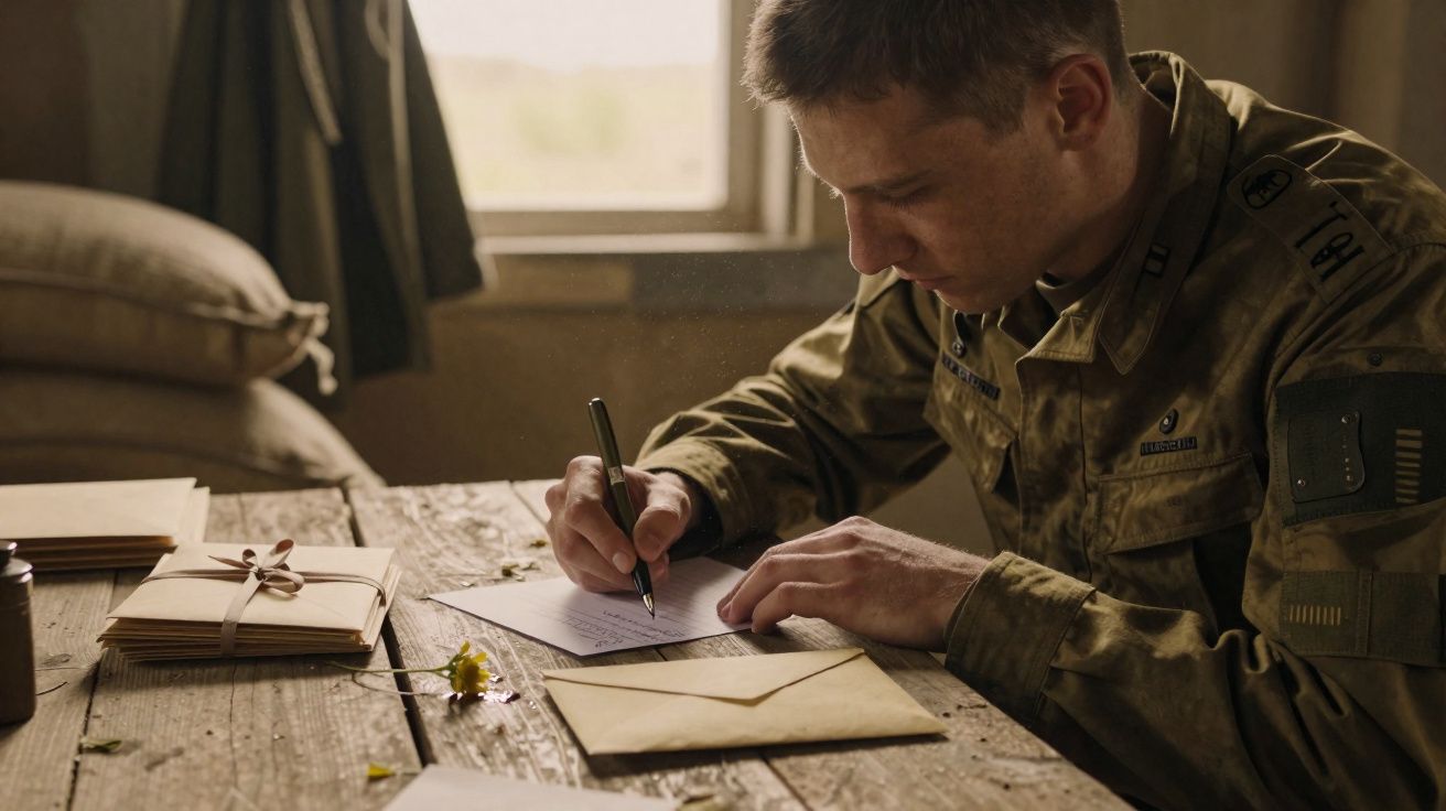 Soldado em uniforme militar sentado a escrever uma carta numa mesa de madeira com envelopes ao lado.