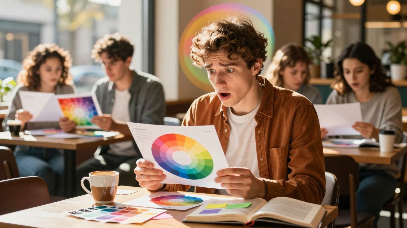 Jovem surpreendido ao analisar roda de cores, com colegas a estudar ao fundo numa sala iluminada.