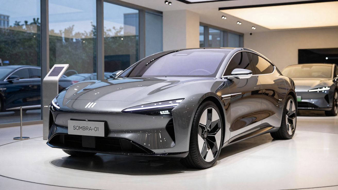 Carro elétrico cinzento Sombra-01 em exposição numa sala moderna com iluminação suave e janelas grandes.