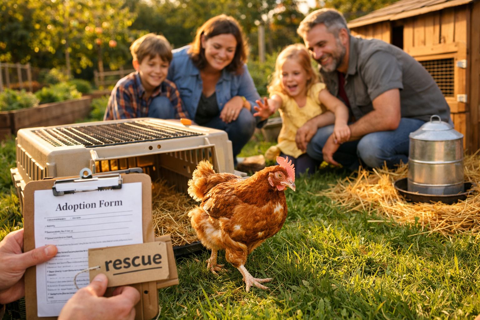 Família alegre a adotar uma galinha num ambiente rural com jaula e formulário de adoção.