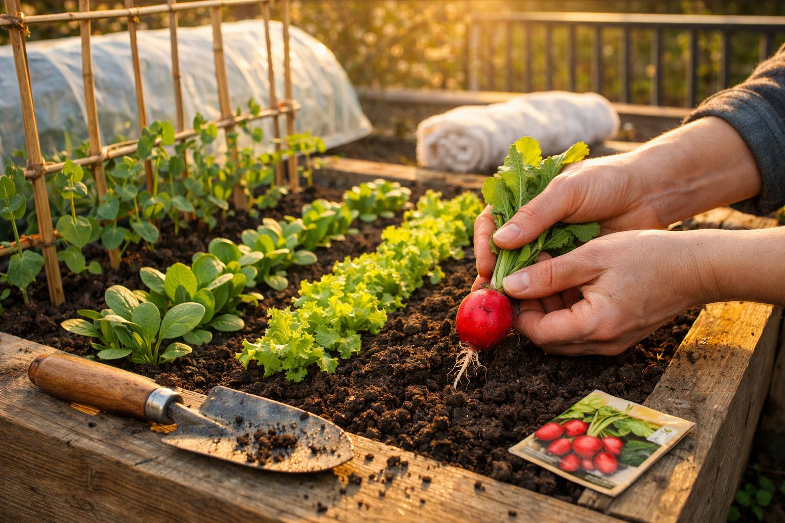 Mãos a colher rabanete num jardim elevado com folhas verdes e uma enxada ao lado na terra.