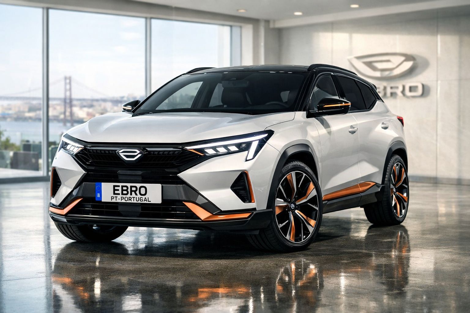 Carro eléctrico branco e preto da marca EBRO com detalhes em laranja, num showroom moderno.