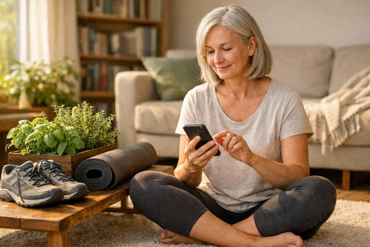 Mulher sentada no chão da sala, sorrindo enquanto usa telemóvel, com tapete de yoga e plantas ao lado.