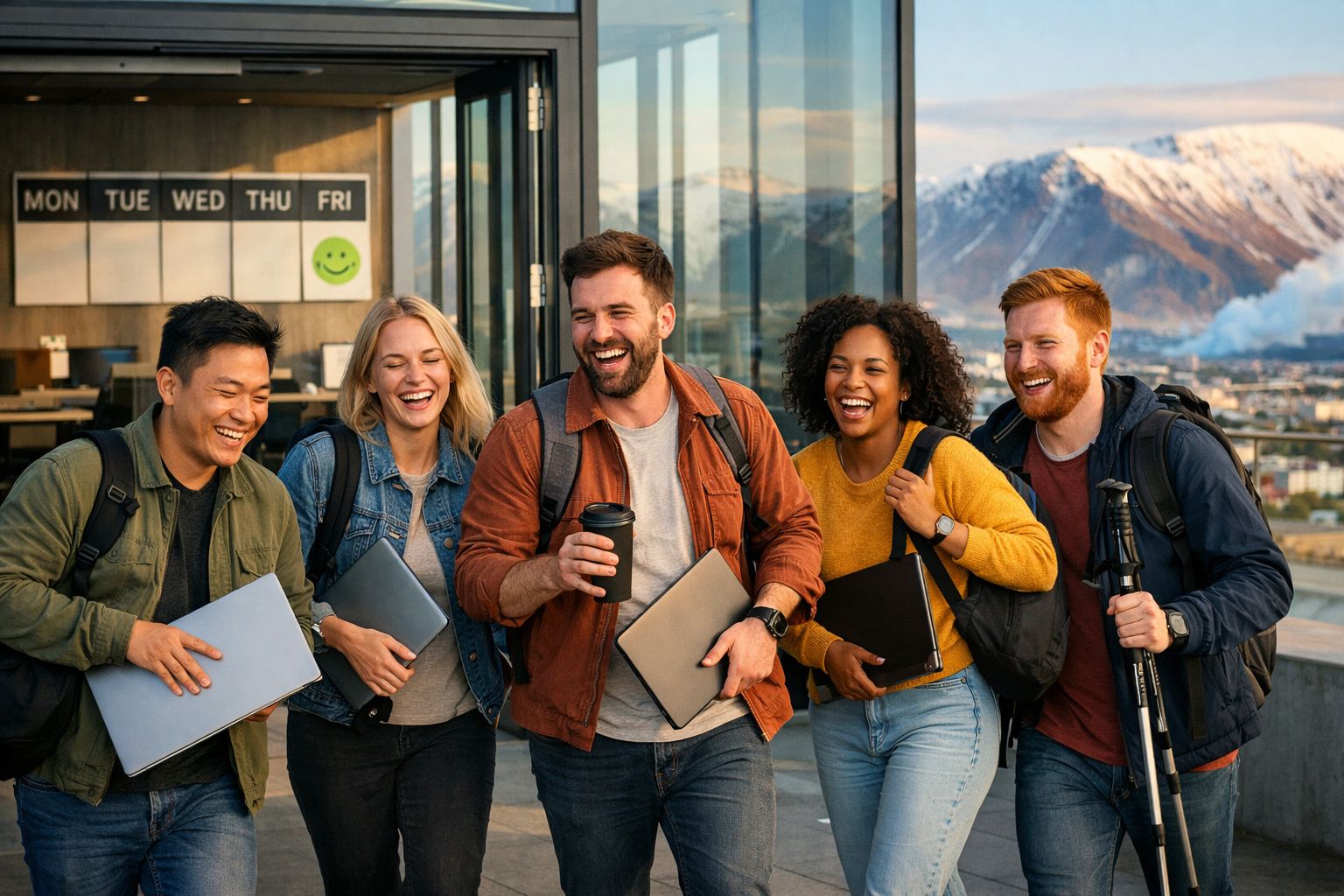 Cinco jovens sorridentes com mochilas e computadores, à frente de janela com paisagem montanhosa e quadro semanal.
