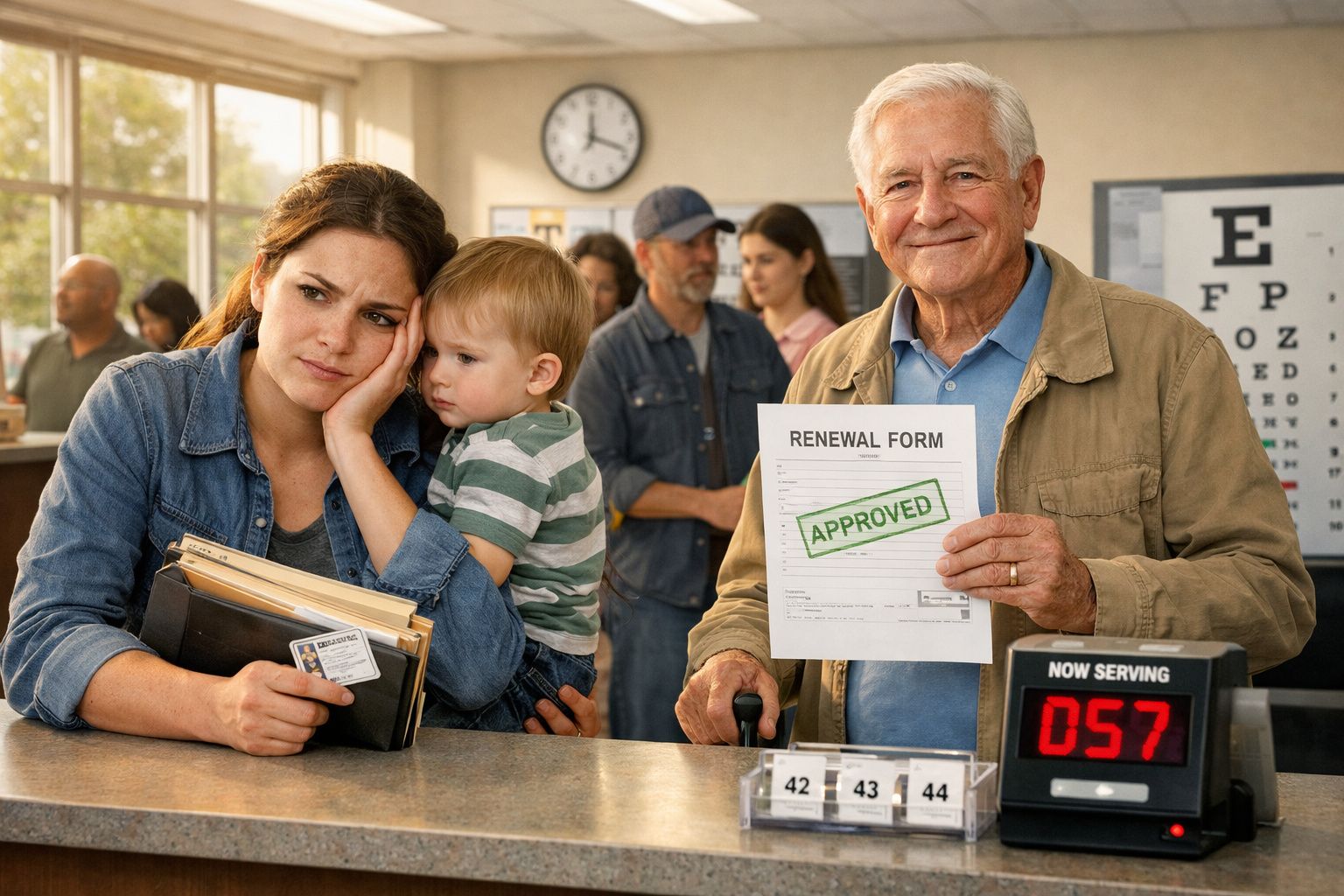 Homem idoso feliz mostra formulário aprovado num balcão, mulher cansada abraça criança no fundo numa sala de espera.