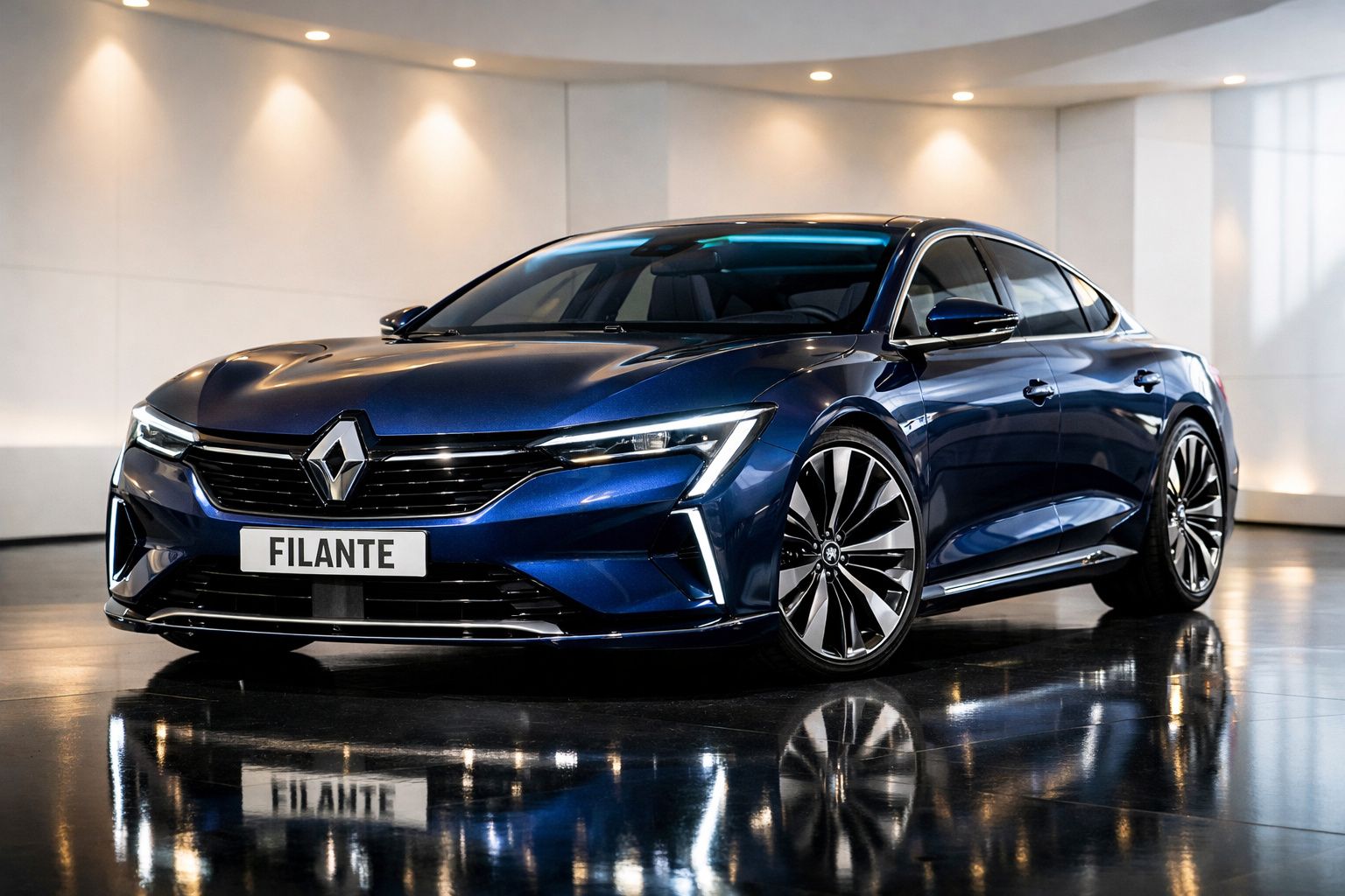 Carro elétrico Renault Filante azul estacionado no interior com reflexo no chão brilhante.