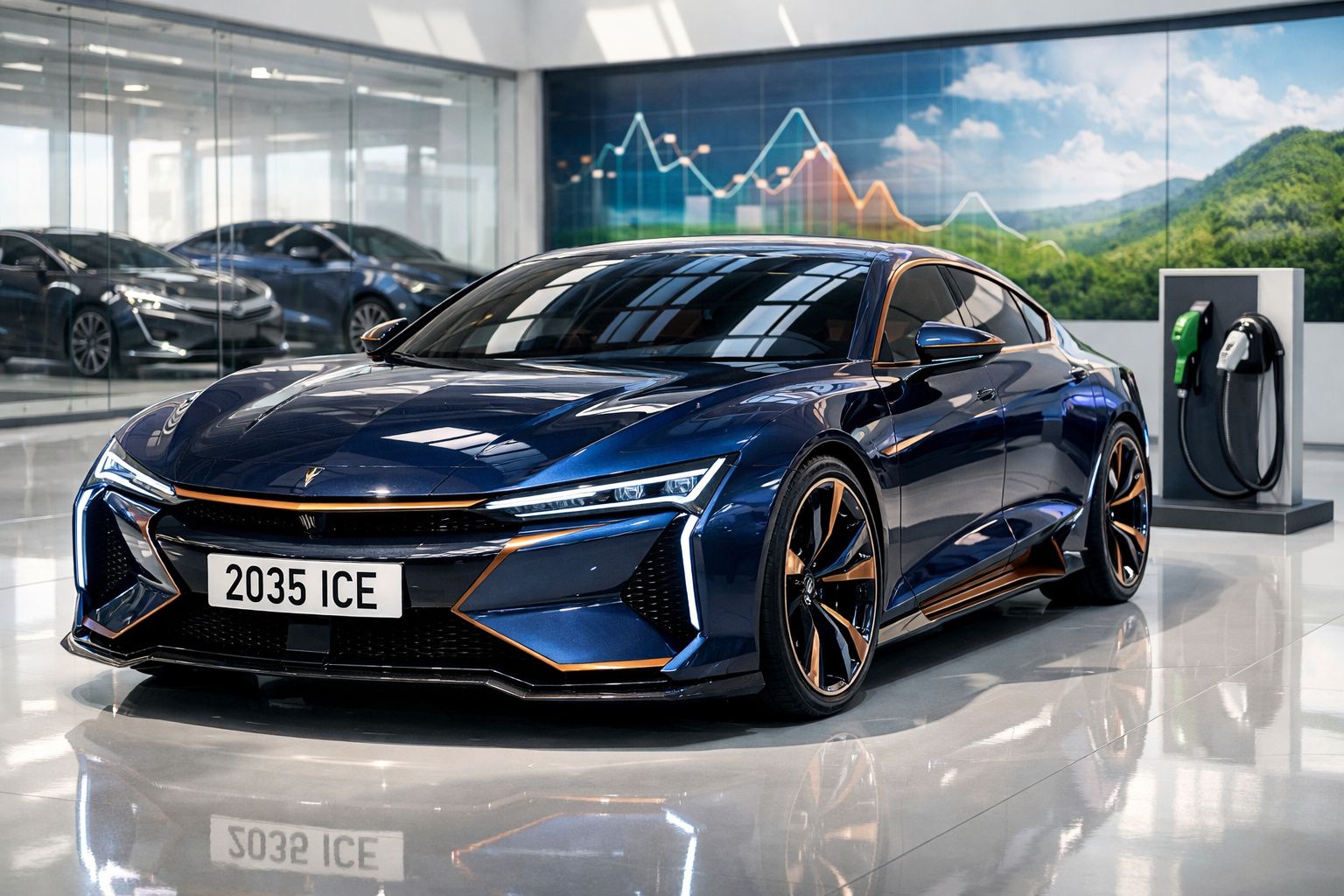 Automóvel elétrico azul escuro em exposição, ao lado de estação de carregamento, dentro de showroom moderno.